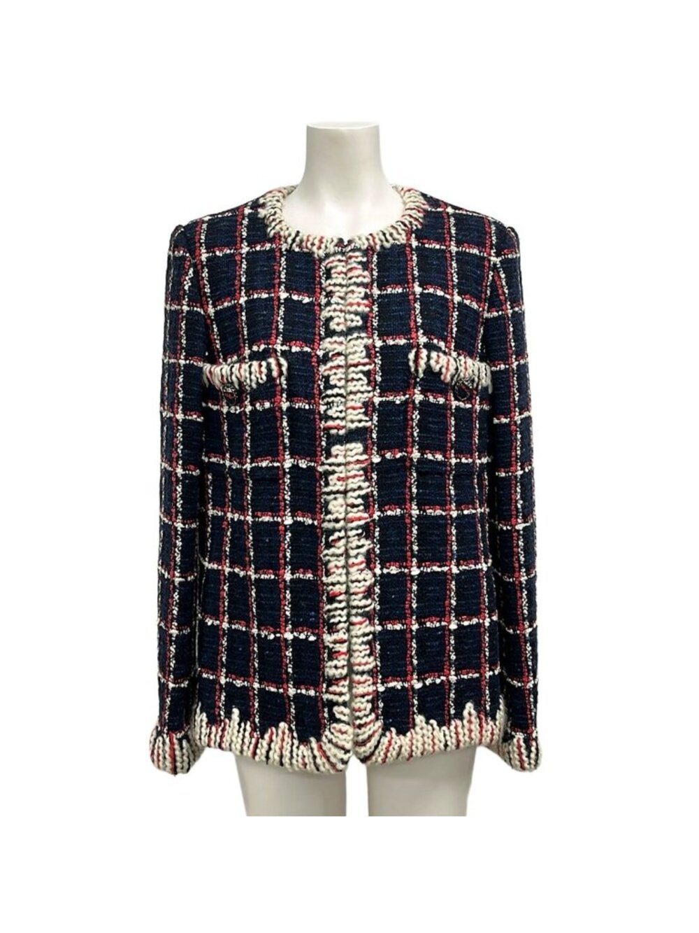 Chanel Jacket M Dark Navy White Red Tweed Collarless Plaid Pattern